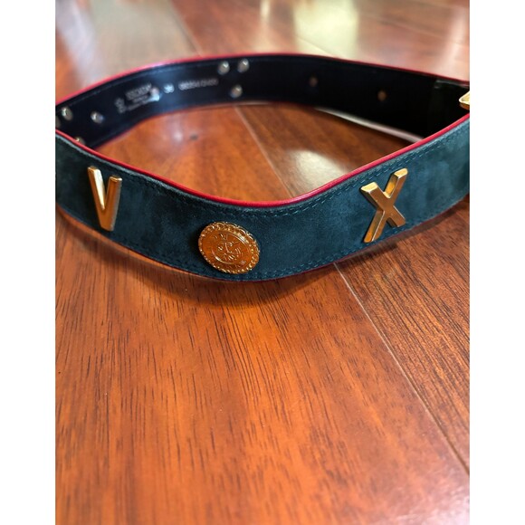 Escada Belt Green Suede with Red edging,  Gold Buckle and Gold Roman Numerals - Picture 3 of 10